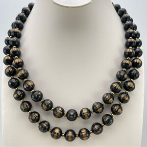Vintage 1980s Black Beaded Double Strand Necklace with Gold Tone Enamel Accents